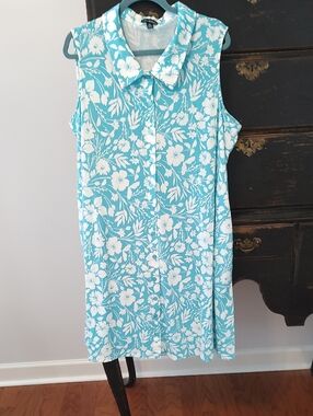 Nina Leonard Aqua Blue and White Floral Midi Dress